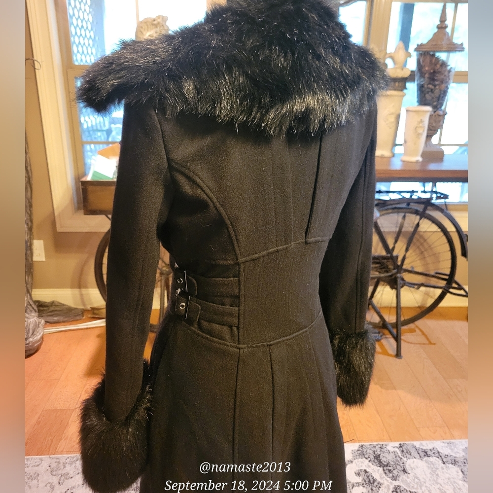 Bebe Wool Blend Jacket Faux Fur Collar Faux Fur Sleeve Cuffs Designer Luxury 62 - Picture 7 of 14